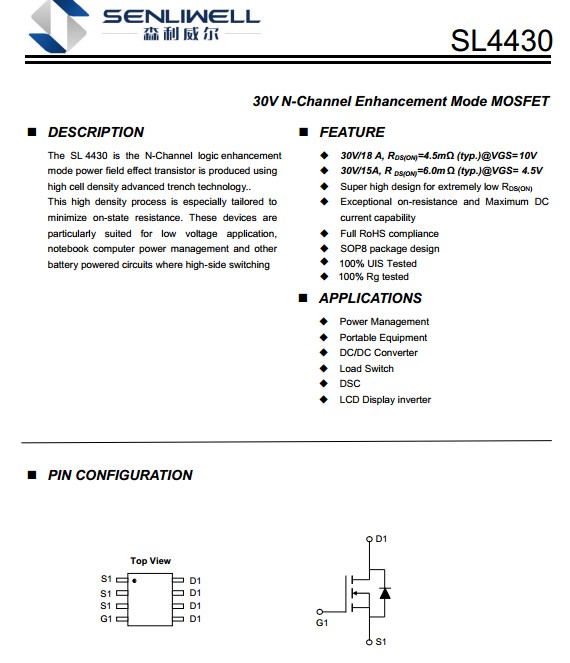 SL4430 30V18A/5.5���WN�ϵ�SOP-8���bMOS�����AO4430