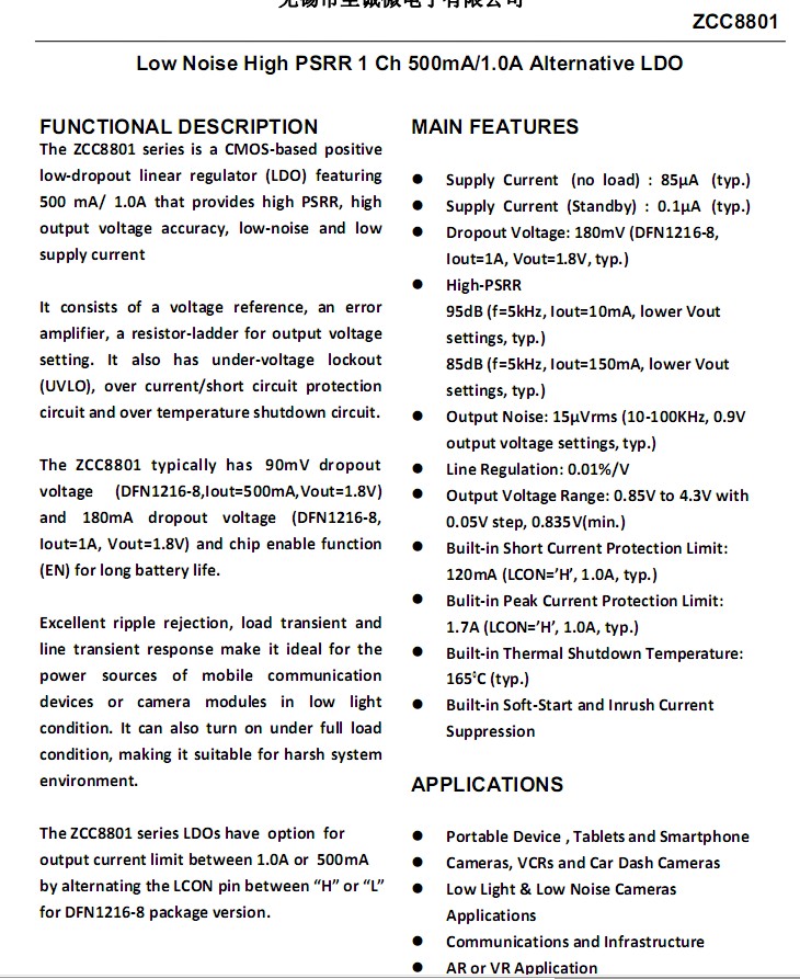 PSRR1Aݔ LDO ZCC8801 SGM2035C
